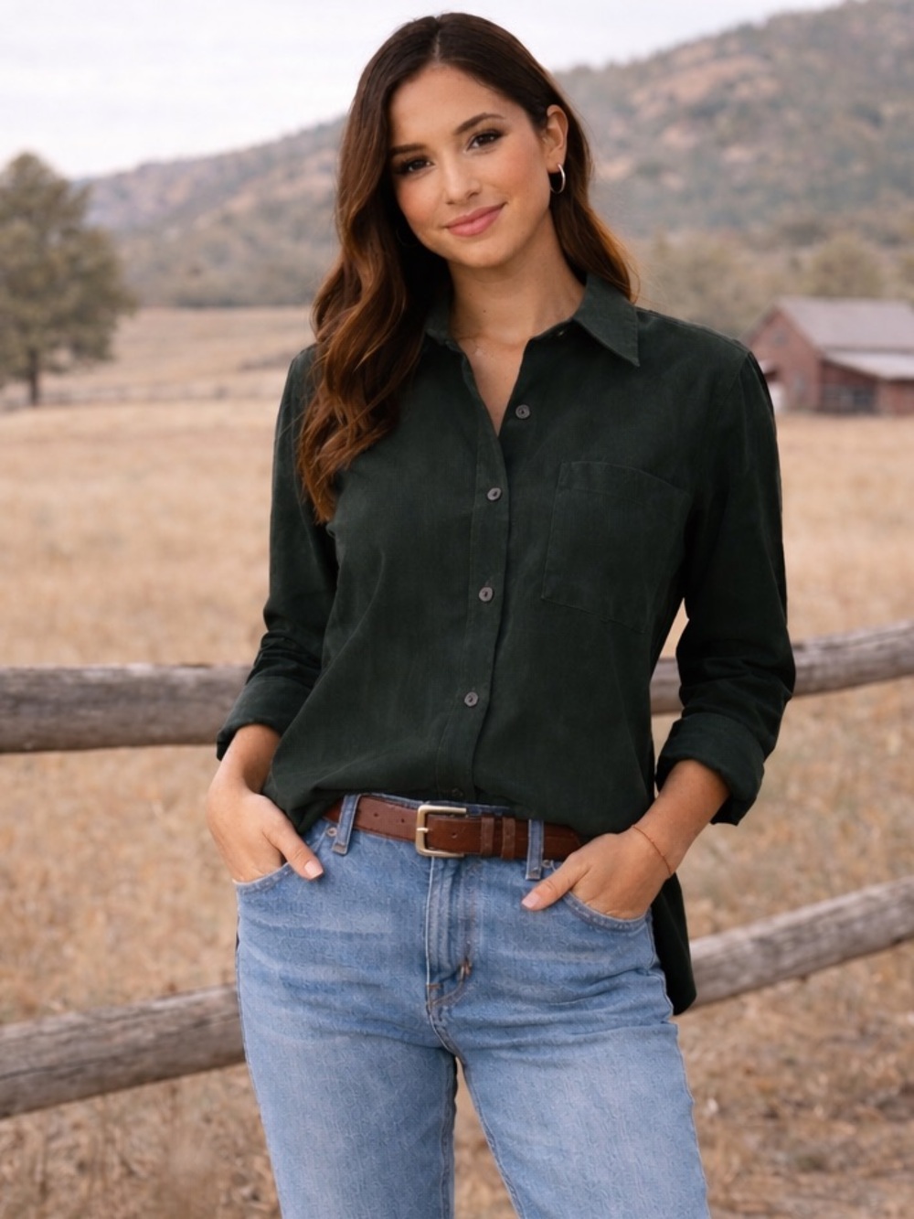 Larry Levine Midnight Green Button-Up Suede Top